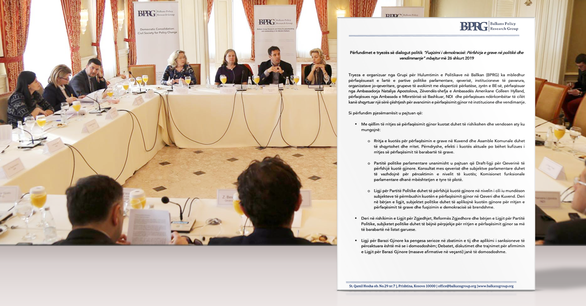 Përfundimet e tryezës së dialogut politik “Fuqizimi i demokracisë: Përfshirja e grave në politikë dhe vendimmarrje”