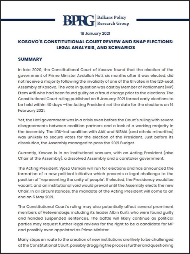 Kosovo’s Constitutional Court Review and Snap Elections: Legal Analysis, and Scenarios